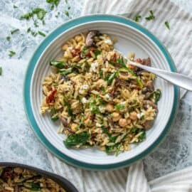 Vegan orzo salad served in a white bowl with a spoon.