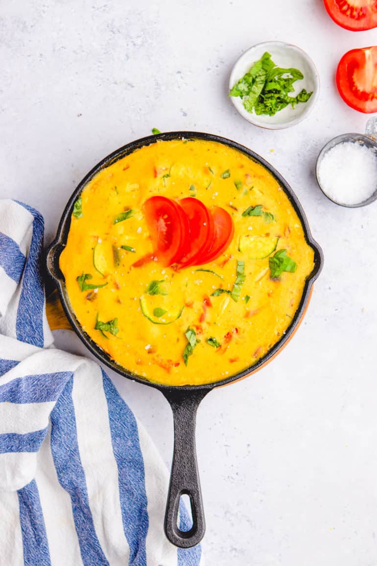 healthy easy meatless vegetarian and vegan frittata recipe in a cast iron skillet