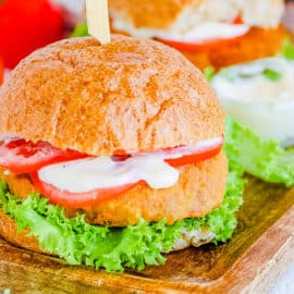 best healthy meatless vegan chicken sandwich recipe on a wooden cutting board