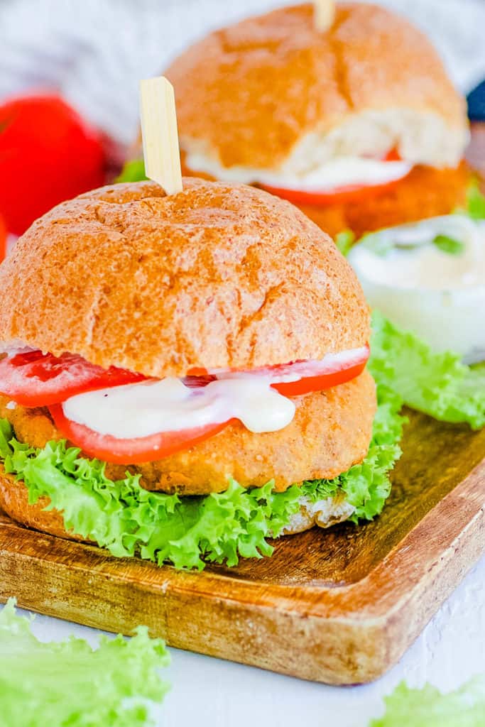 best healthy meatless vegan chicken sandwich recipe on a wooden cutting board