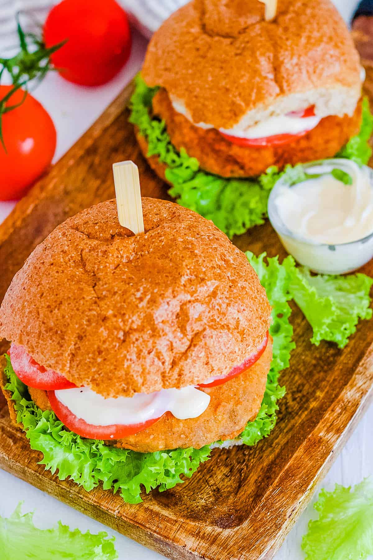 best healthy meatless vegan chicken sandwich recipe on a wooden cutting board