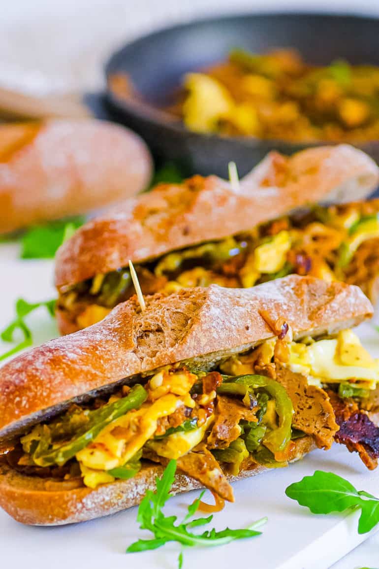 easy, authentic, healthy, vegetarian and vegan philly cheesesteak recipe on a white plate
