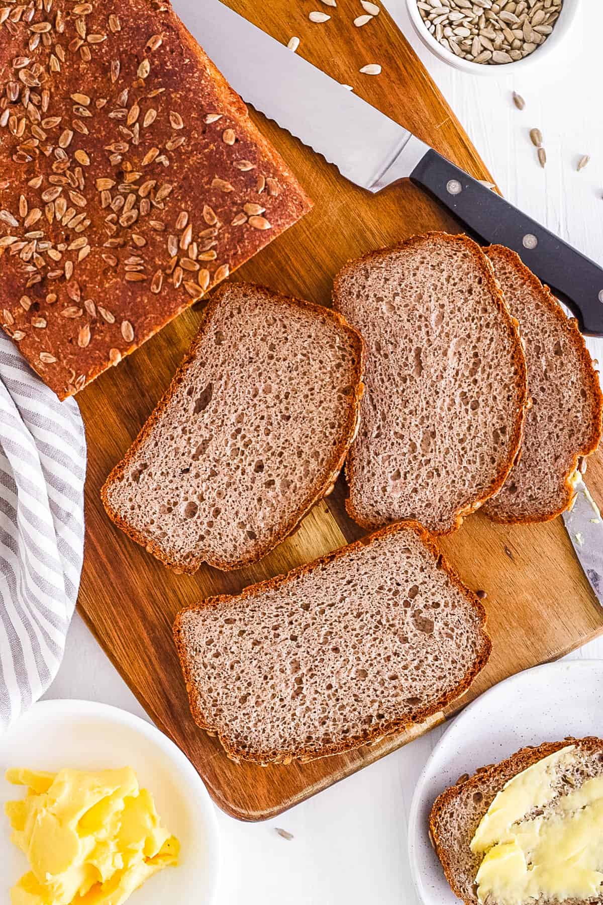 easy gluten free vegan healthy buckwheat bread recipe sliced on a cutting board
