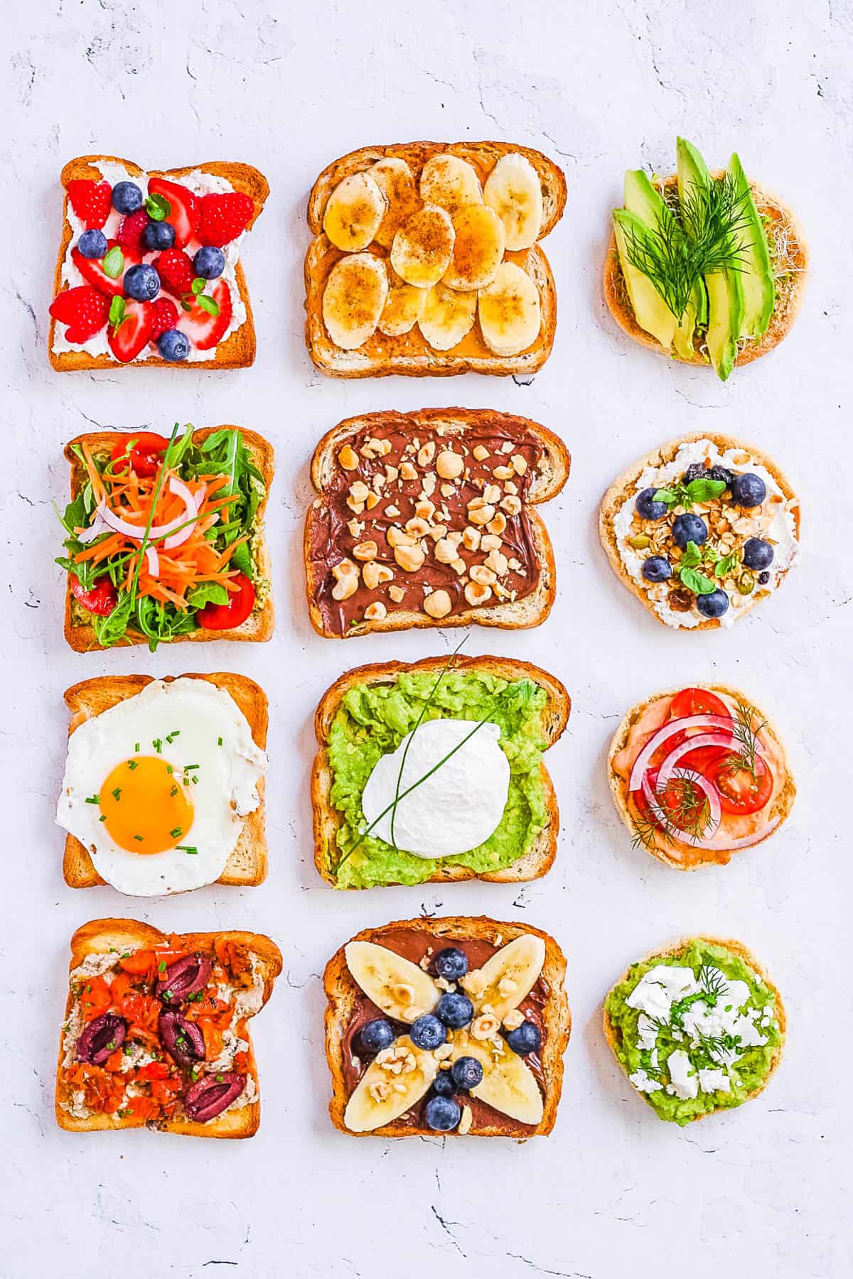 healthy easy breakfast toast ideas - different toasts prepared - top view