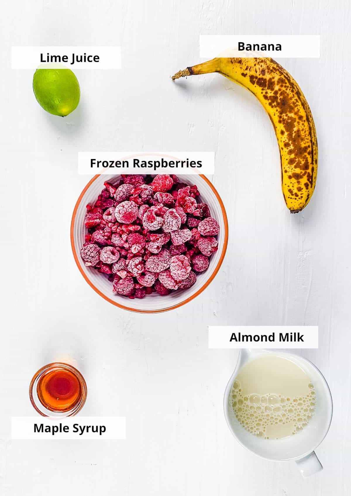 ingredients for easy healthy vegan banana and raspberry smoothie recipe