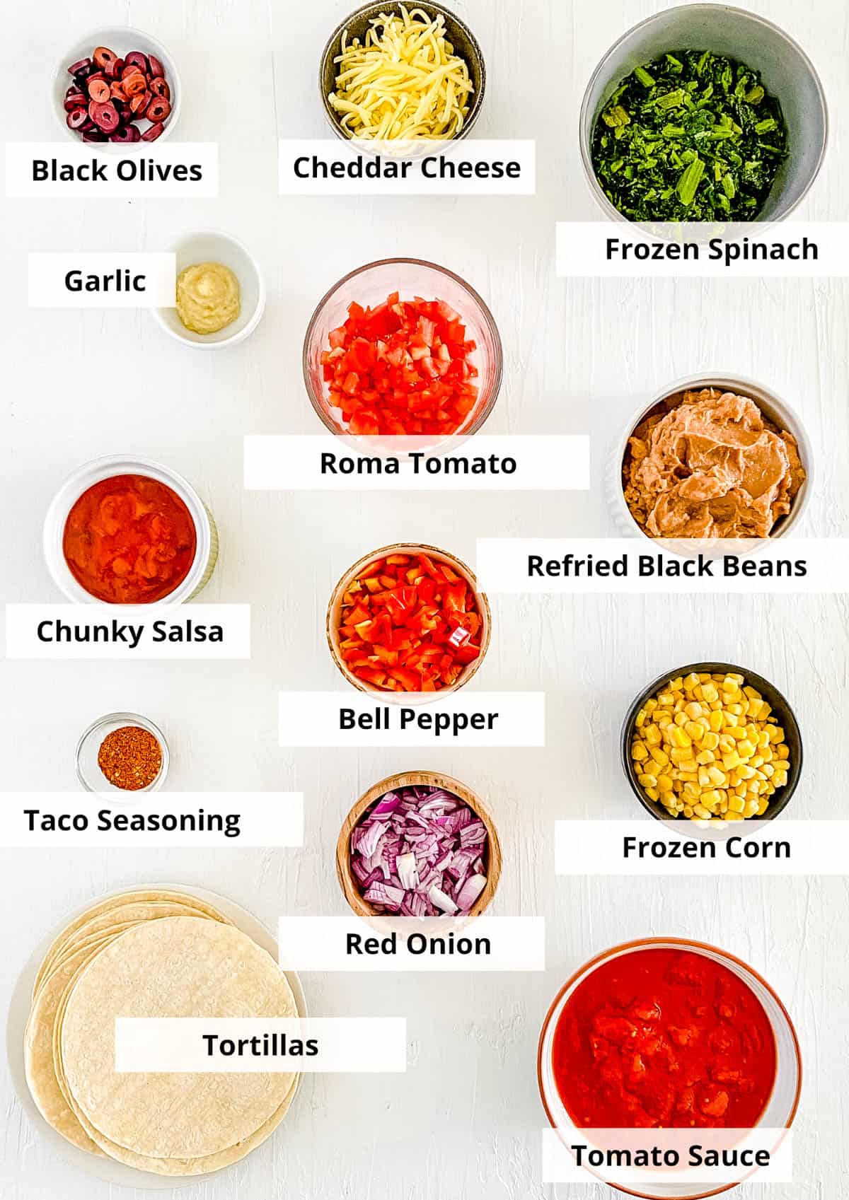ingredients for easy healthy vegetarian layered taco casserole with tortillas