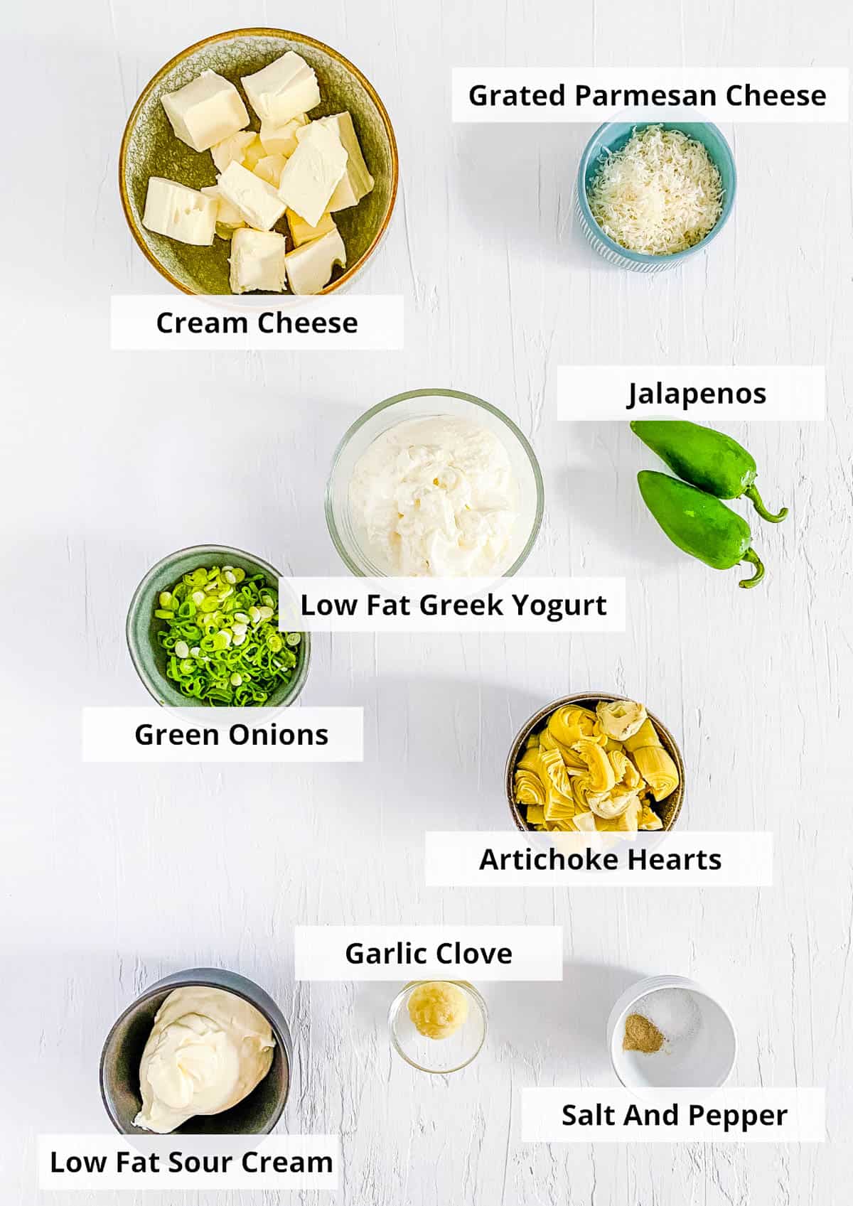 ingredients for easy vegetarian cold jalapeno artichoke dip recipe