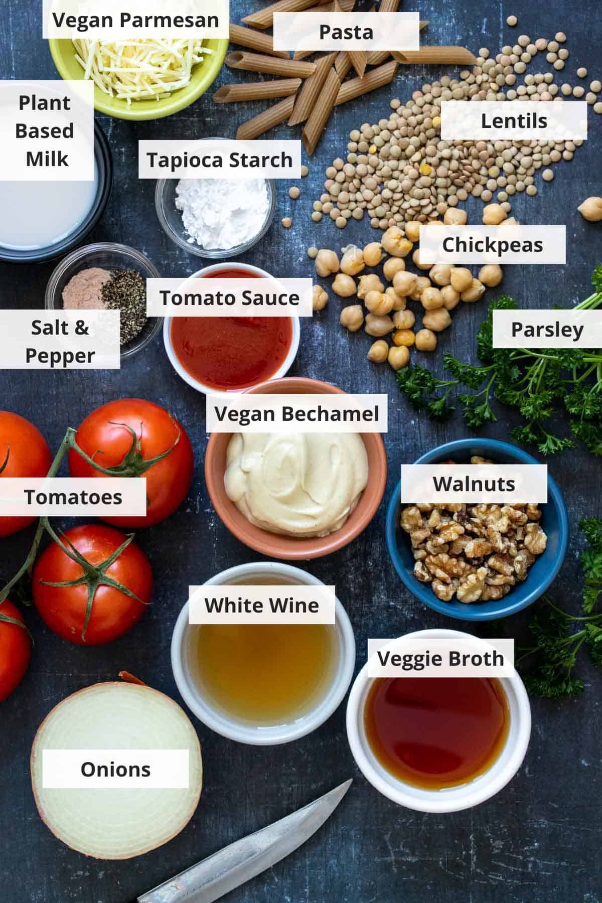 Ingredients for vegan Greek pastitsio recipe on a countertop.