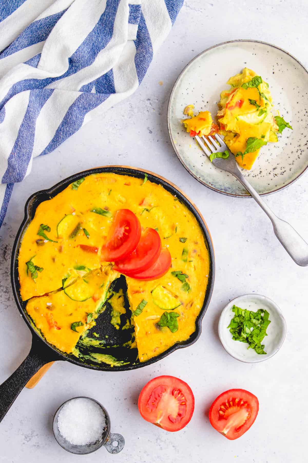 healthy easy meatless vegetarian and vegan frittata recipe in a cast iron skillet