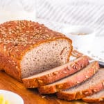 easy gluten free vegan healthy buckwheat bread recipe sliced on a cutting board