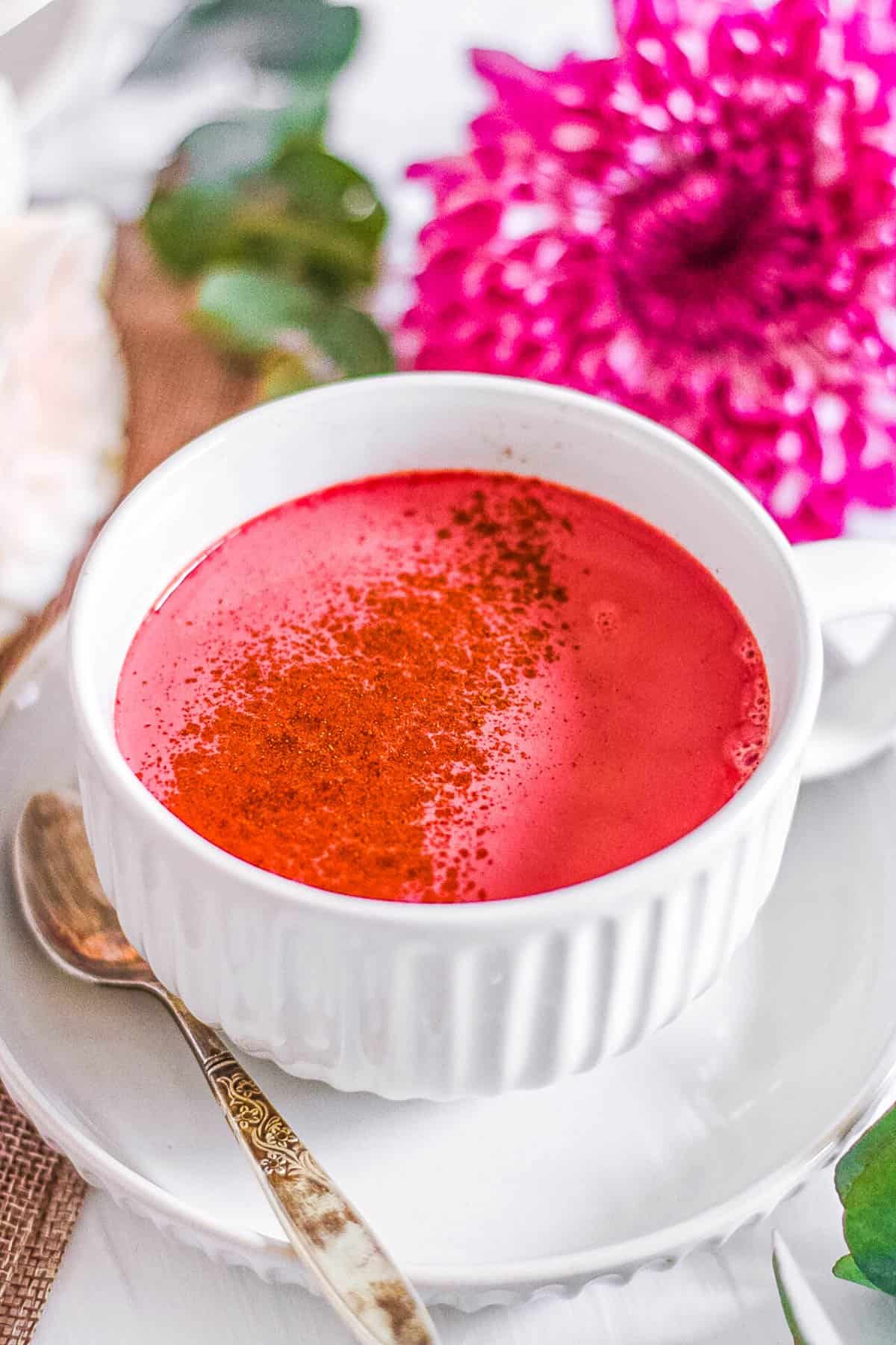 easy healthy vegan beet root pink latte recipe in a white mug