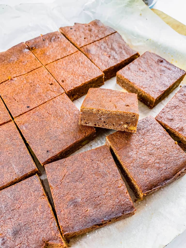 easy, healthy, vegan, dairy-free, gluten-free, eggless brownies with walnuts cut into squares