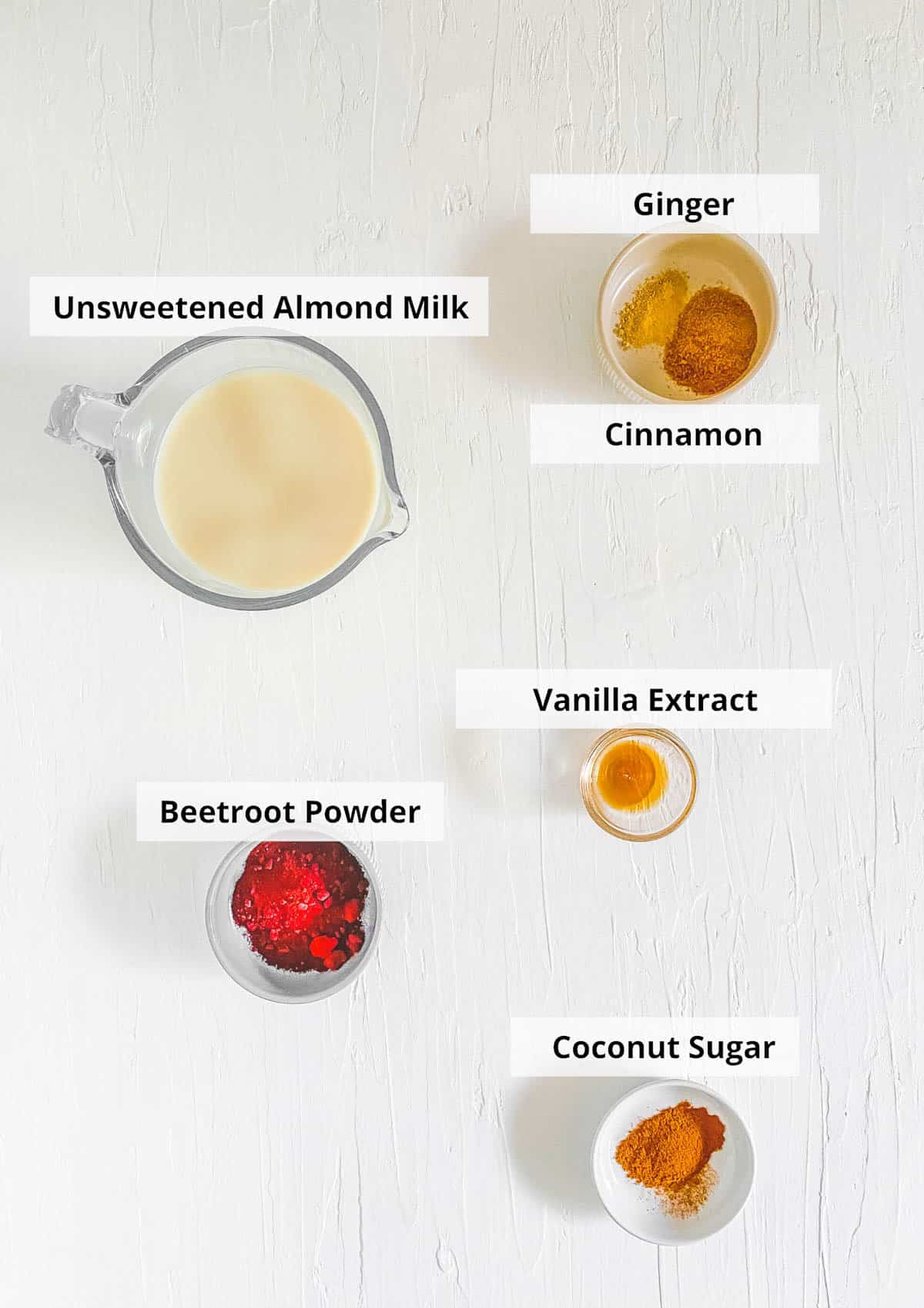 ingredients for easy healthy vegan beetroot pink latte recipe