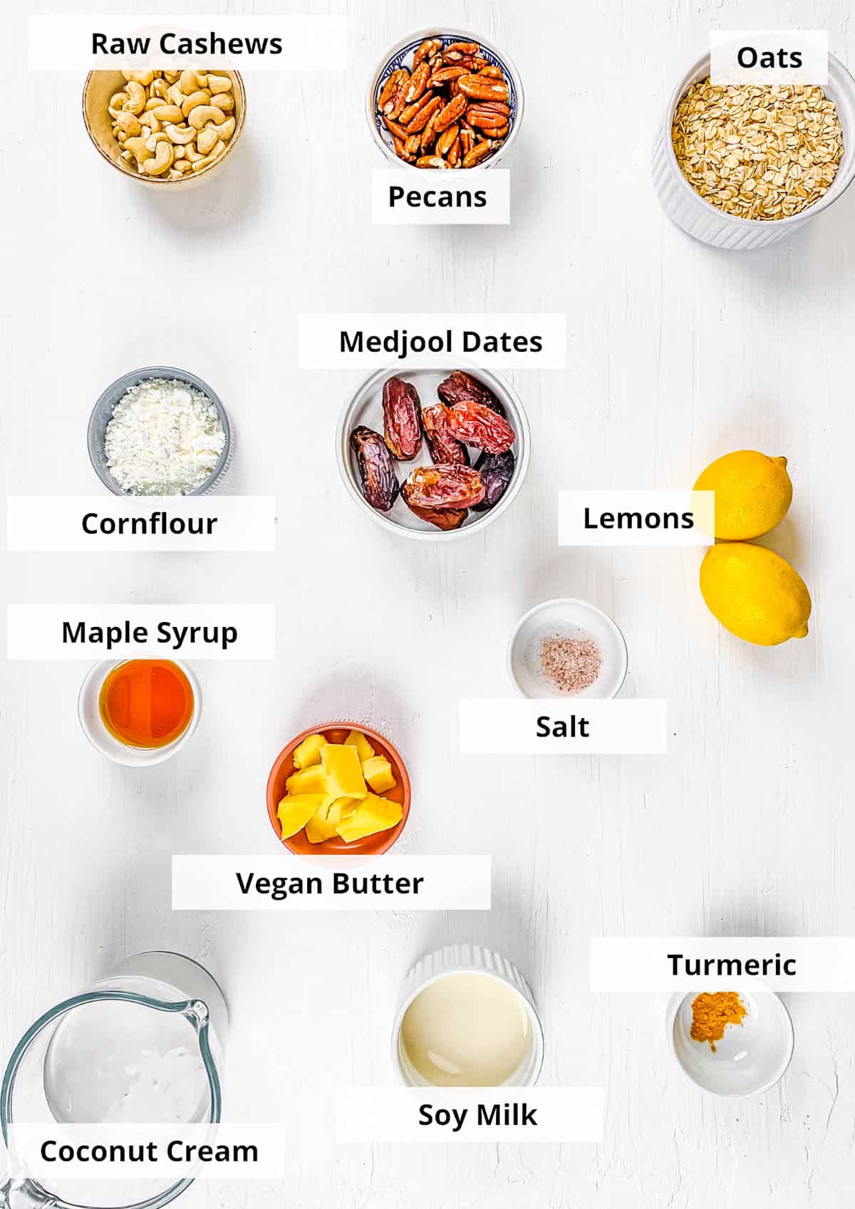 ingredients for easy, healthy, gluten free vegan lemon tart recipe