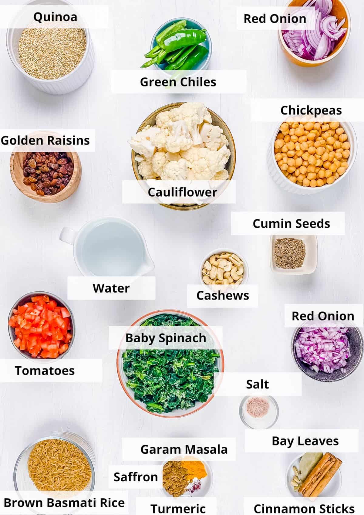 ingredients for easy, dairy free, healthy vegan biryani recipe with cauliflower