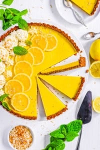 easy, healthy, gluten free vegan lemon tart recipe on a white plate