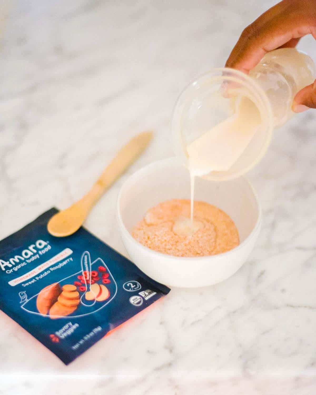 amara baby food being prepared in a bowl