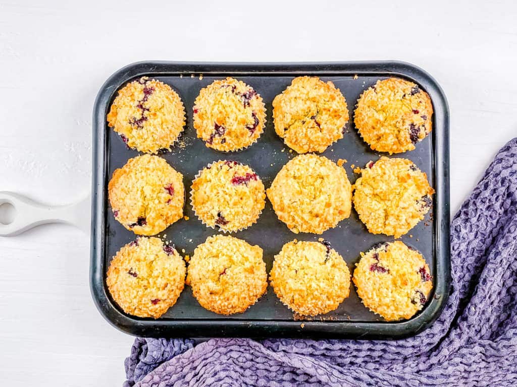 baked blueberry sourdough muffins in cupcake tin