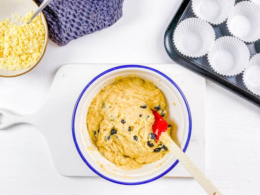 muffin batter in a mixing bowl