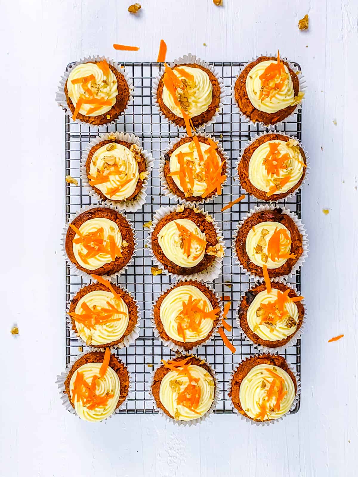 healthy vegan carrot cake cupcakes on a wire rack