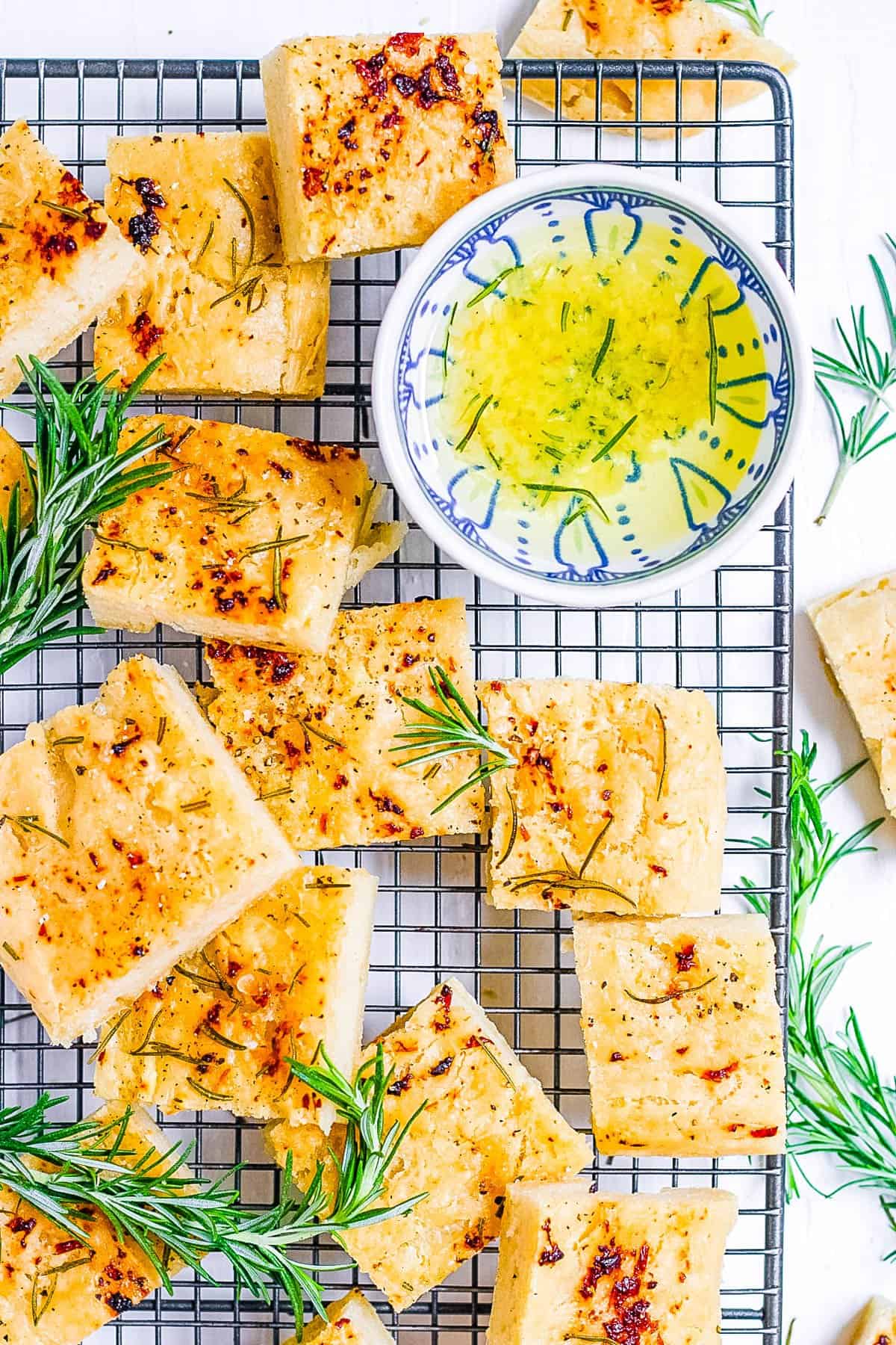 gluten free focaccia on a wire rack