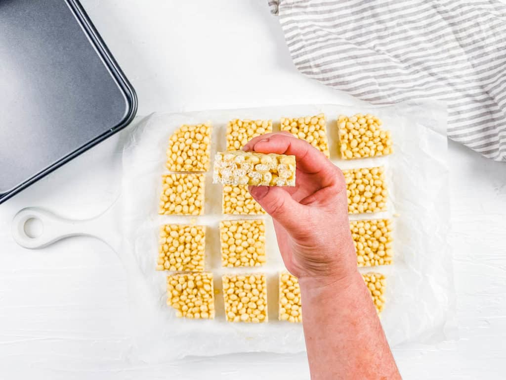 vegan rice krispie treats cut on parchment