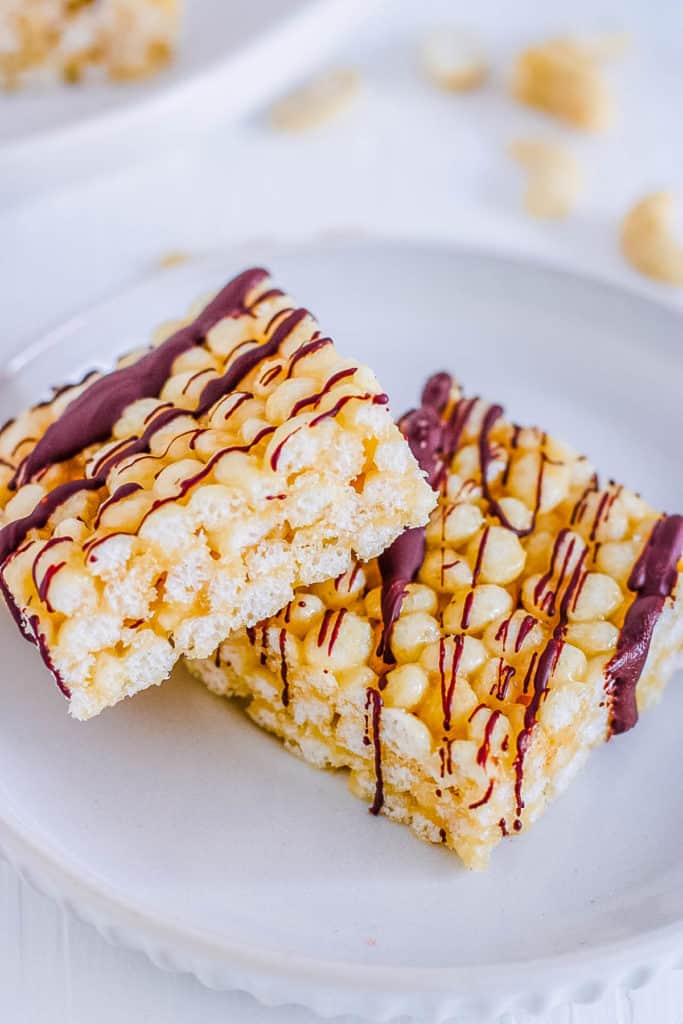 vegan healthy rice krispie treats recipe on a white plate
