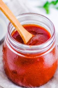 homemade vegetarian and vegan bbq sauce in a glass jar