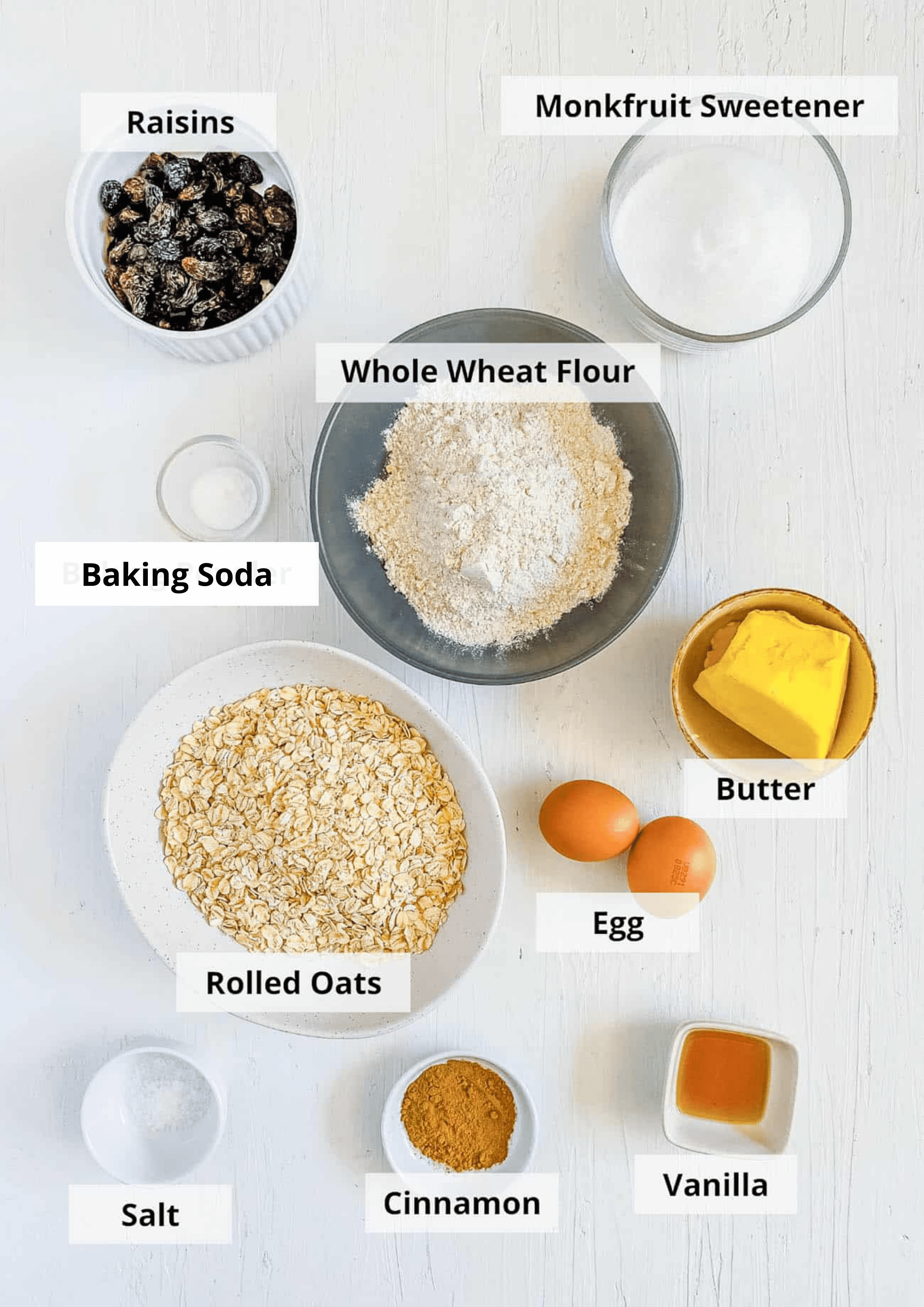 ingredients for healthy sugar free oatmeal cookies recipe with raisins