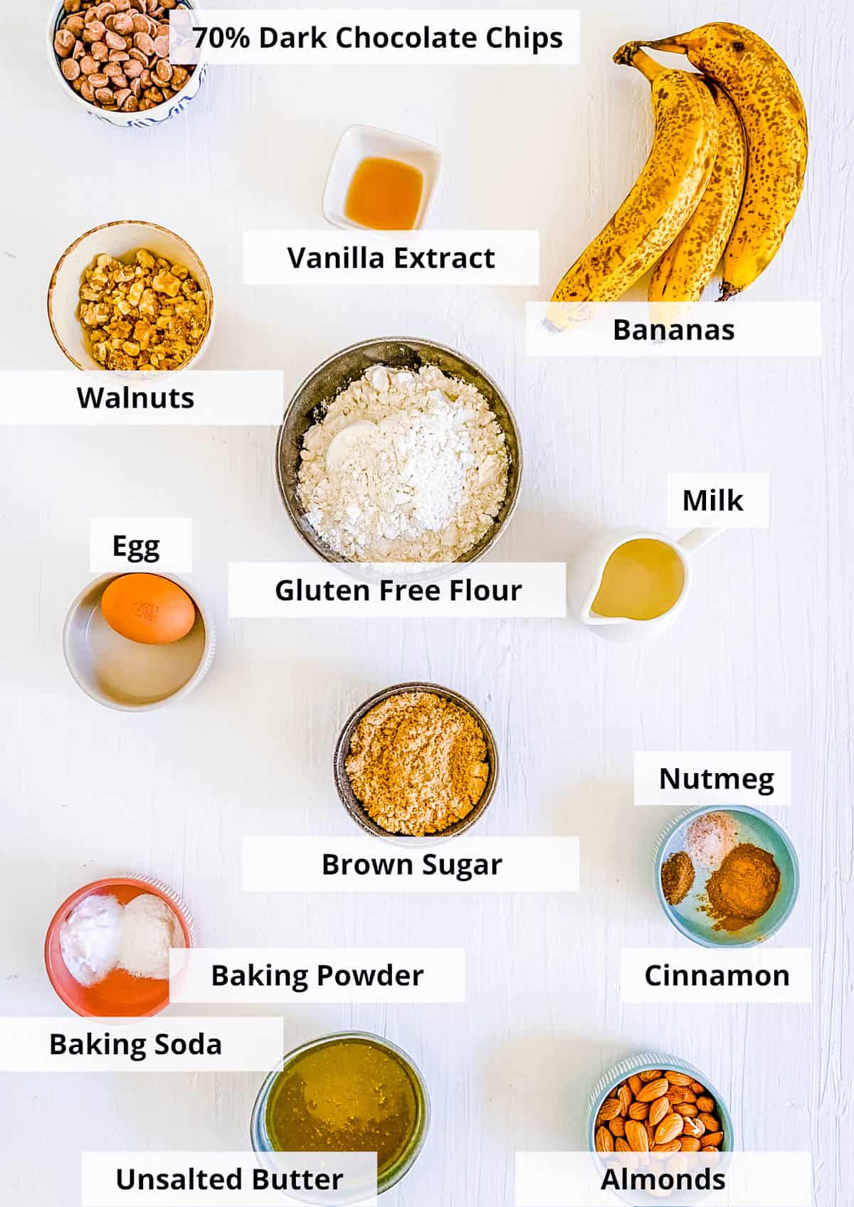 Ingredients for healthy, gluten free chocolate chip banana bread on a white background.
