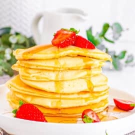 easy healthy almond milk pancakes on a white plate