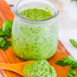 pesto without pine nuts in a glass jar