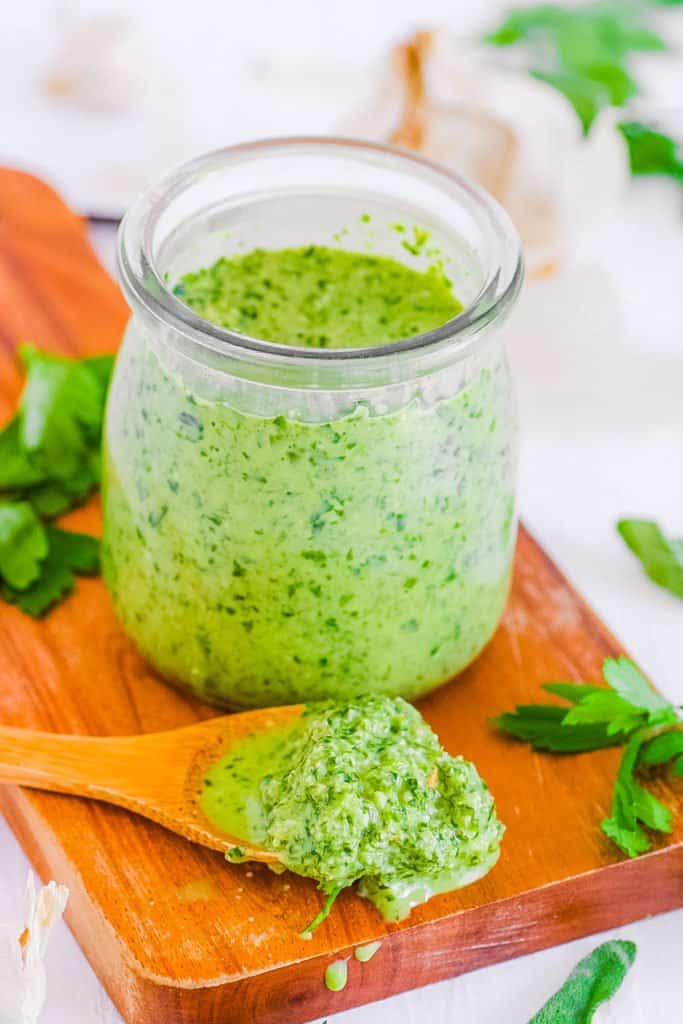 pesto without pine nuts in a glass jar