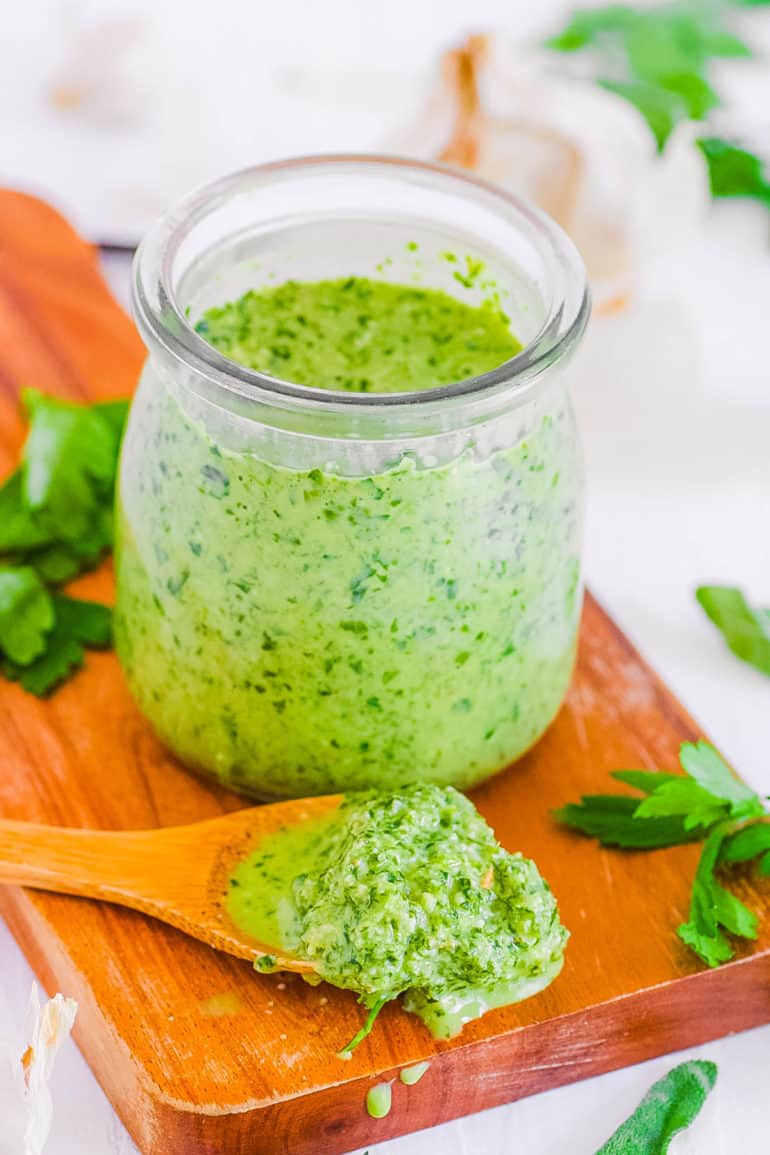 pesto without pine nuts in a glass jar