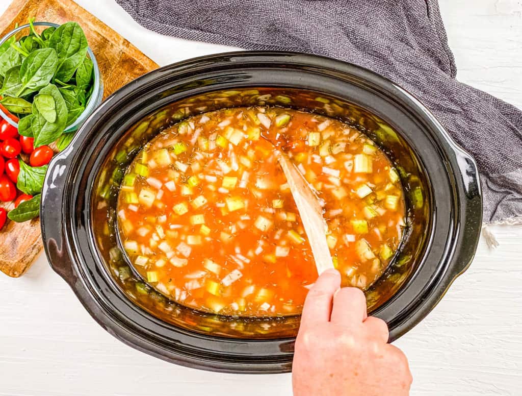 beans and veggies cooking in a slow cooker