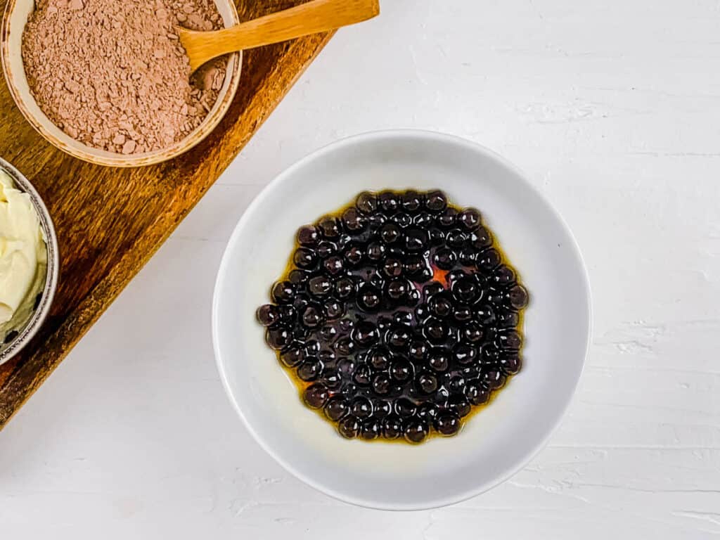 Cooked boba pearls in a bowl.