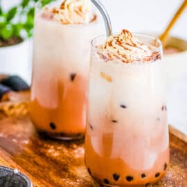 Homemade chocolate milk tea with boba in a glass.
