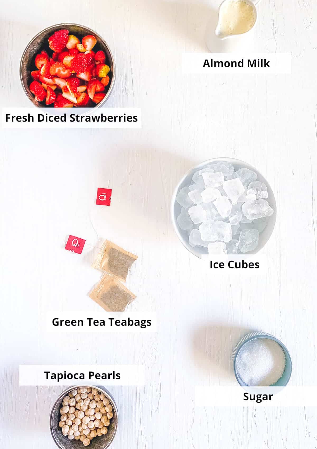 Ingredients for strawberry milk tea recipe.