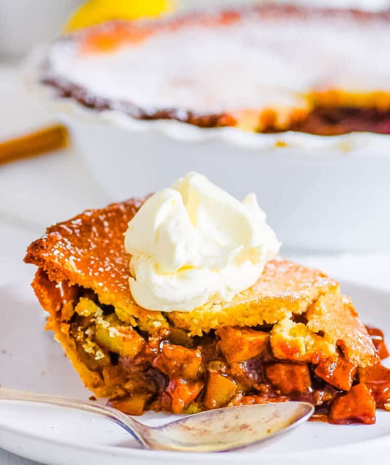 slice of easy gluten free keto apple pie on a white plate