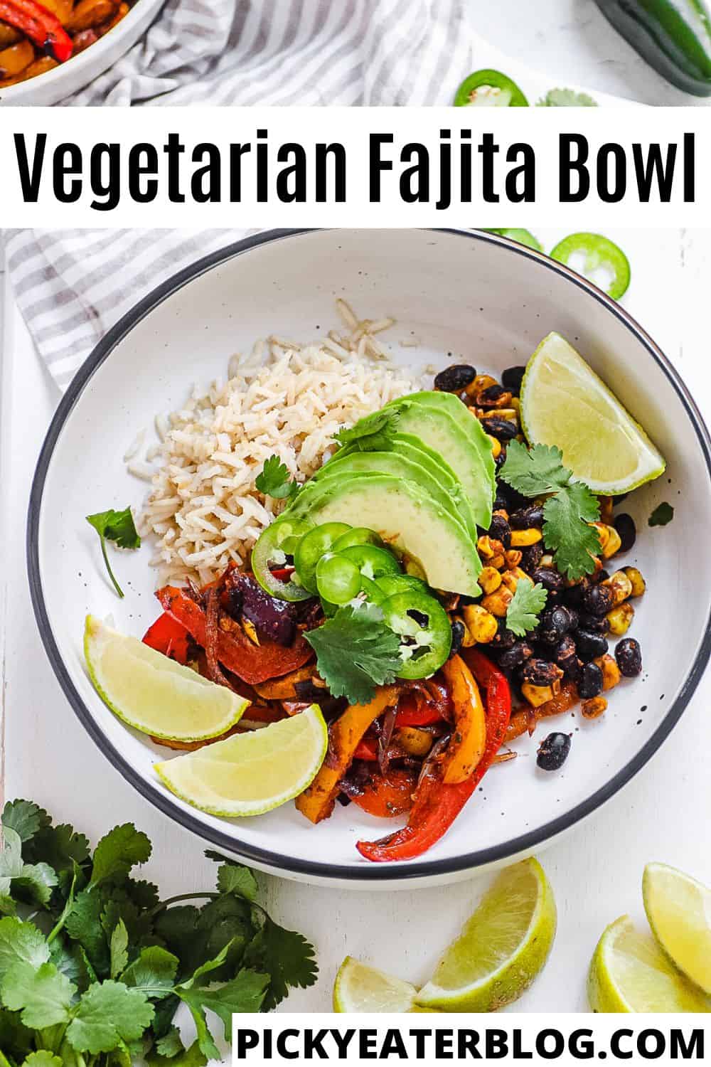 Healthy vegetarian fajita bowls with avocado and lime, on a white background.