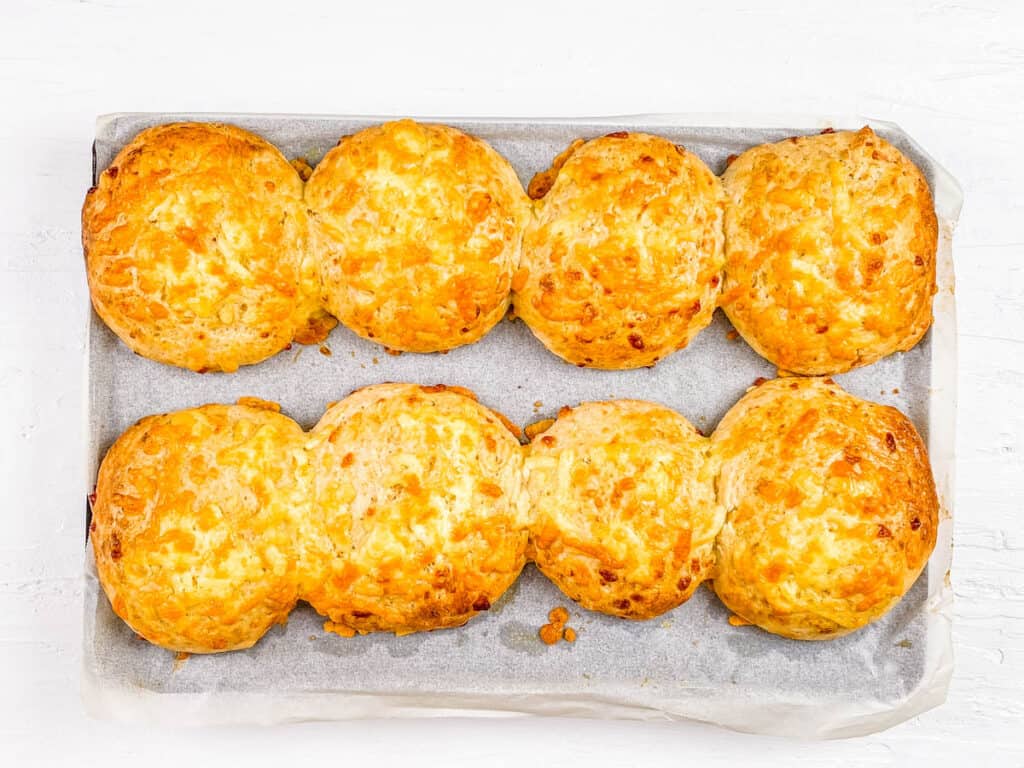 Baked cheese buns on a baking sheet with parchment paper.