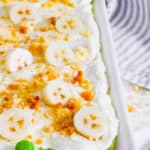 Banana pudding lasagna in a baking dish.