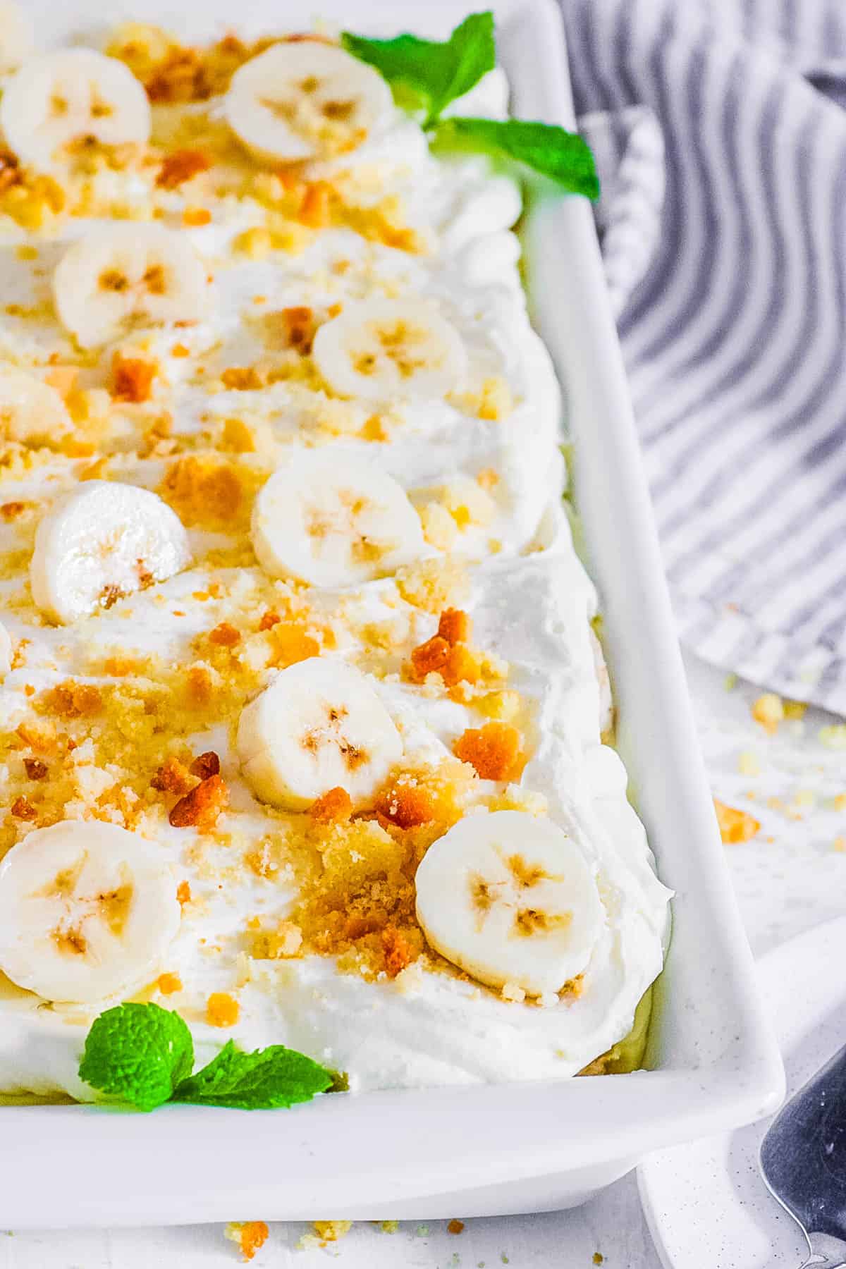 Banana pudding lasagna in a baking dish.