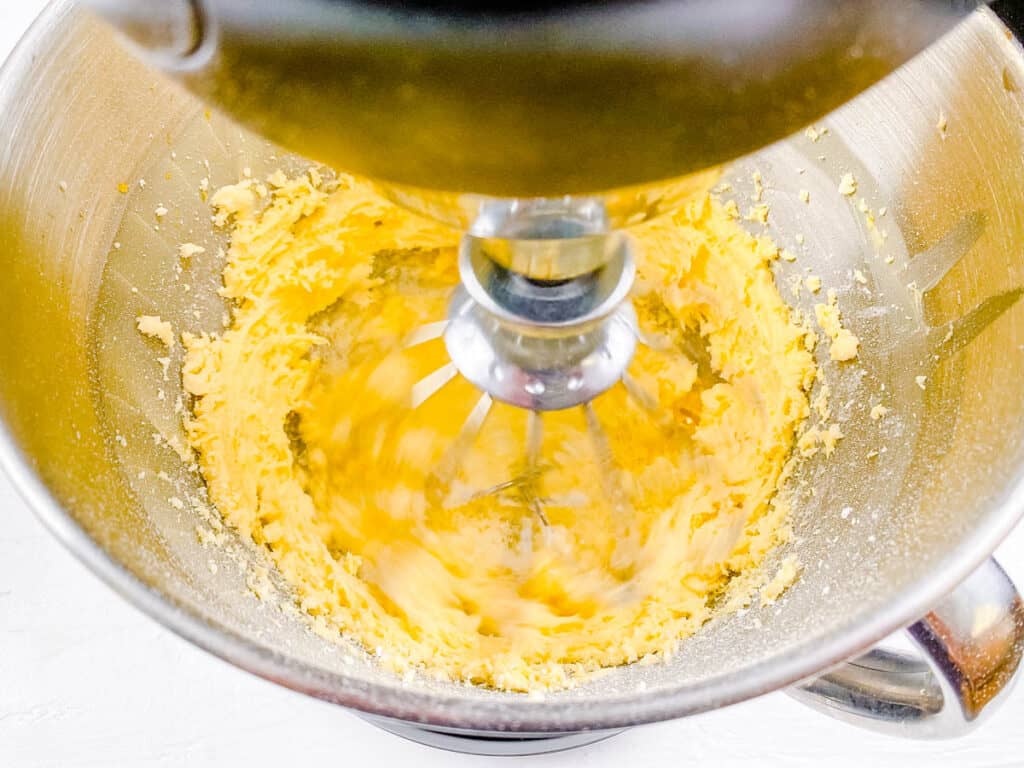 Batter for healthy lemon cupcakes in mixing bowl.