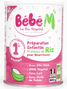 Can of Bebe M formula - French rice based european vegan baby formula.