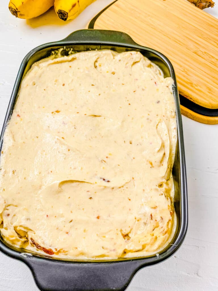 Caramel banana ice cream frozen in a baking dish.