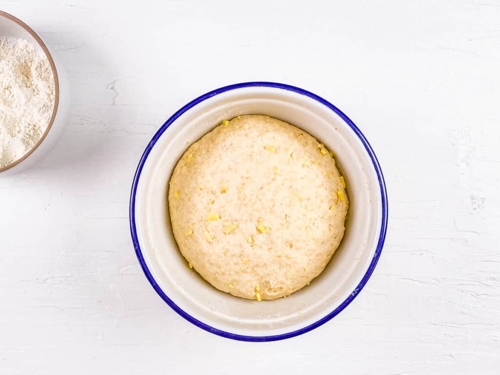 Risen bread dough in a mixing bowl.