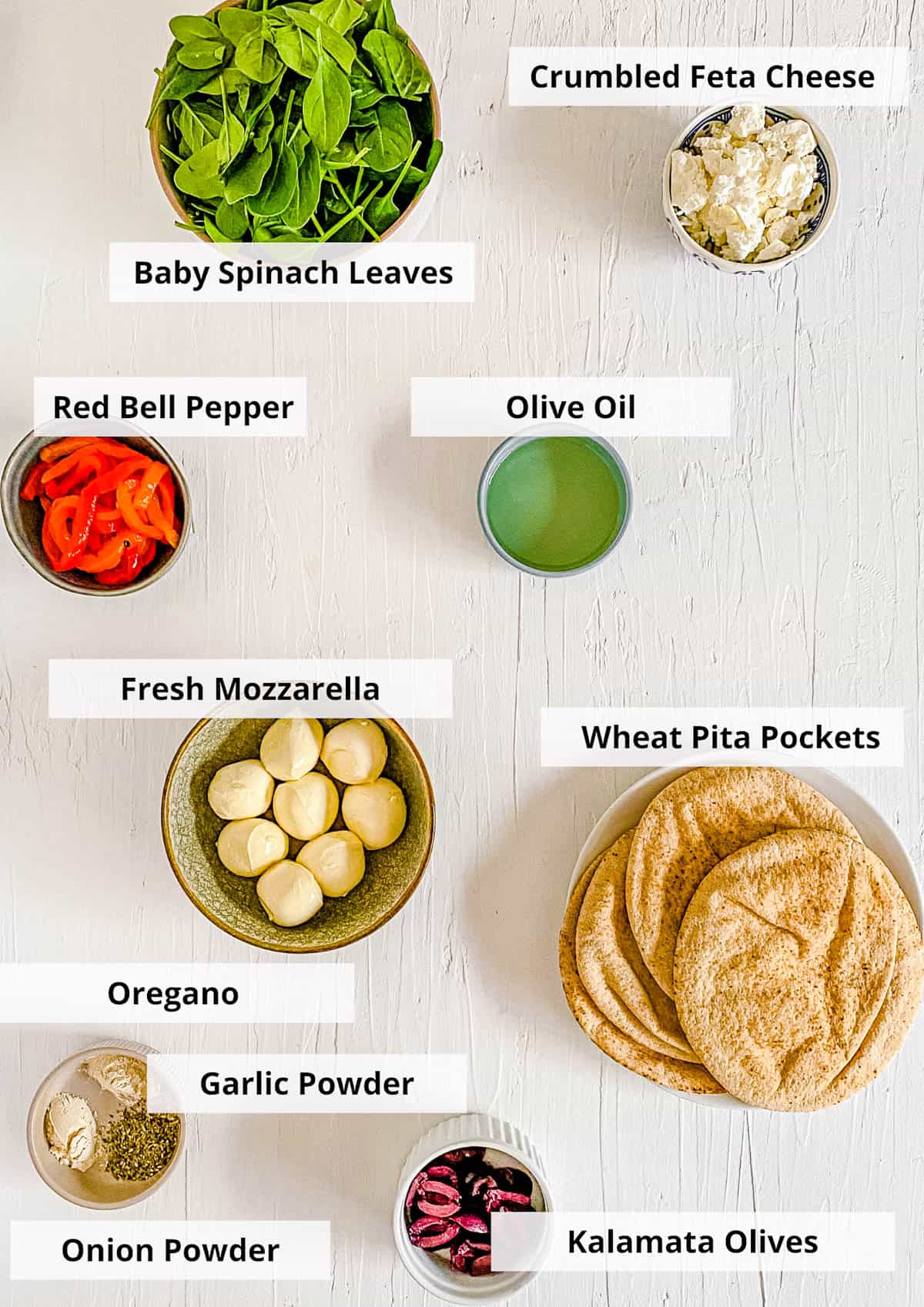 Ingredients for Mediterranean grilled cheese pita sandwiches recipe.