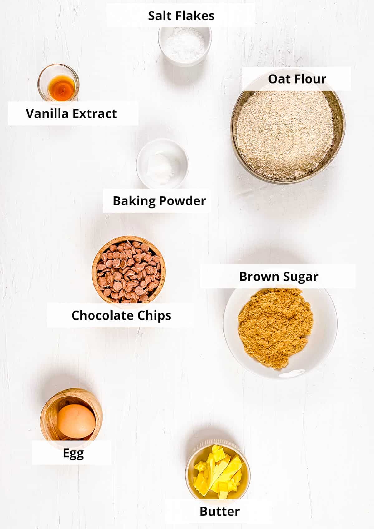 Ingredients for oat flour chocolate chip cookies recipe.