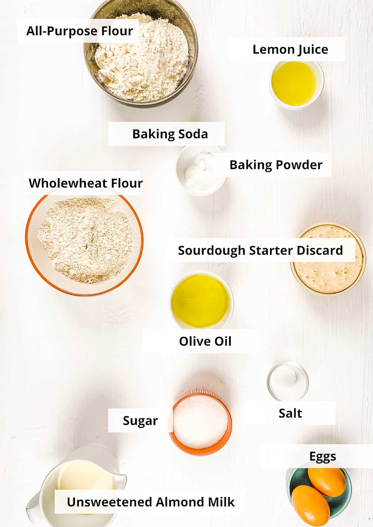 Ingredients for easy, fluffy sourdough discard pancakes recipe.